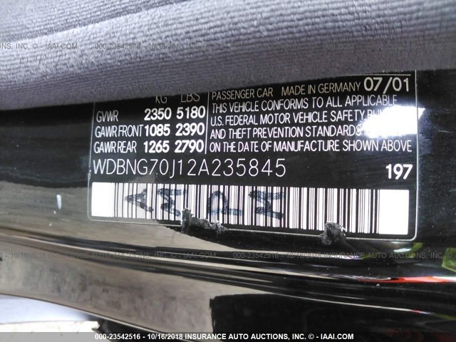 WDBNG70J12A235845 - 2002 MERCEDES-BENZ S 430 BLACK photo 9