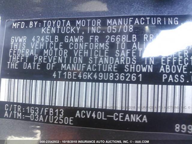 4T1BE46K49U836261 - 2009 TOYOTA CAMRY SE/LE/XLE SILVER photo 9