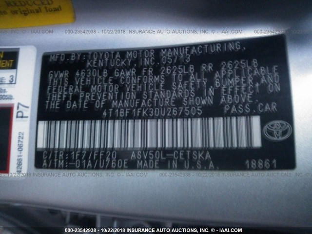 4T1BF1FK3DU267505 - 2013 TOYOTA CAMRY L/SE/LE/XLE Gümüş foto 9