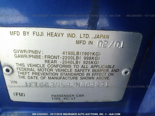 JF1GG29692H802831 - 2002 SUBARU IMPREZA WRX BLUE photo 9