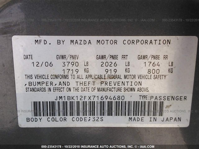 JM1BK12FX71694680 - 2007 MAZDA 3 I GRAY photo 9