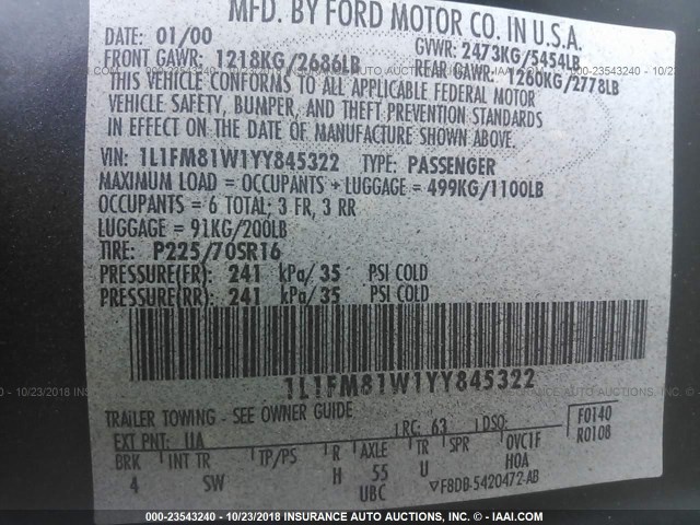 1L1FM81W1YY845322 - 2000 LINCOLN TOWN CAR EXECUTIVE BLACK photo 9