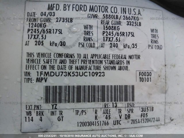 1FMDU73K53UC10923 - 2003 FORD EXPLORER XLT/XLT SPORT/NBX 白色 照片 9