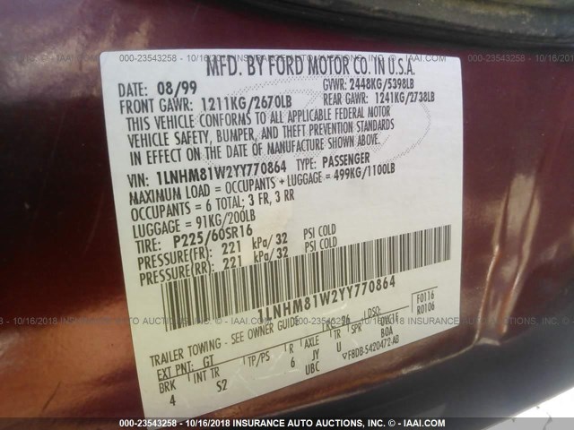 1LNHM81W2YY770864 - 2000 LINCOLN TOWN CAR EXECUTIVE BURGUNDY photo 9