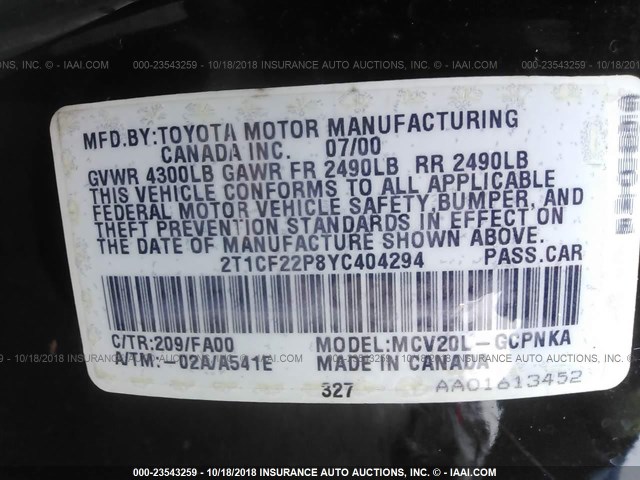 2T1CF22P8YC404294 - 2000 TOYOTA CAMRY SOLARA SE/SLE Qara foto 9