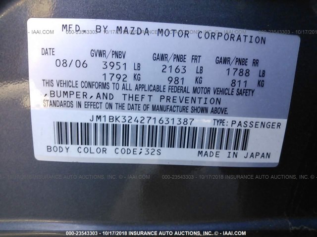 JM1BK324271631387 - 2007 MAZDA 3 S GRAY photo 9