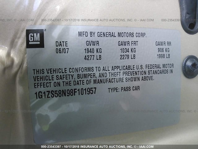 1G1ZS58N98F101957 - 2008 CHEVROLET MALIBU LS ოქროსფერი ფოტო 9