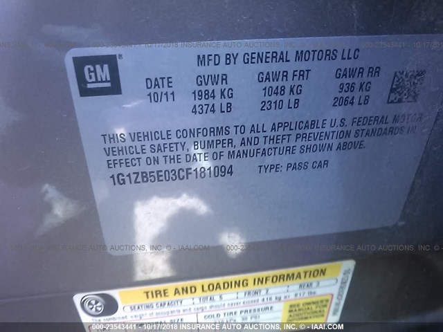 1G1ZB5E03CF181094 - 2012 CHEVROLET MALIBU LS ყავისფერი ფოტო 9