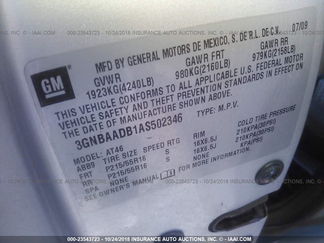 3GNBAADB1AS502346 - 2010 CHEVROLET HHR LS Plata foto 9