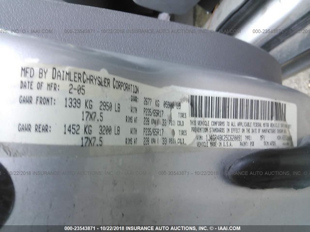 1J4GR48K25C620091 - 2005 JEEP GRAND CHEROKEE LAREDO/COLUMBIA/FREEDOM 银色 照片 9