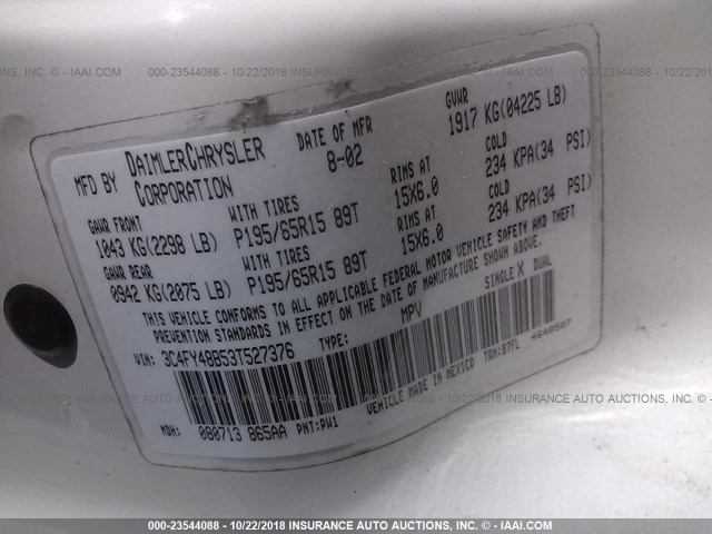 3C4FY48B53T527376 - 2003 CHRYSLER PT CRUISER CLASSIC WHITE photo 9