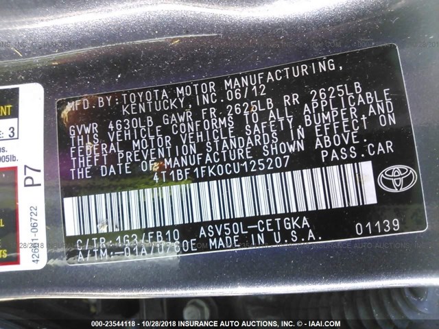 4T1BF1FK0CU125207 - 2012 TOYOTA CAMRY SE/LE/XLE 灰色 照片 9