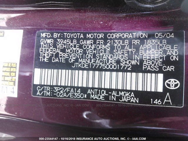 JTKDE177750001772 - 2005 TOYOTA SCION TC 紫色 照片 9