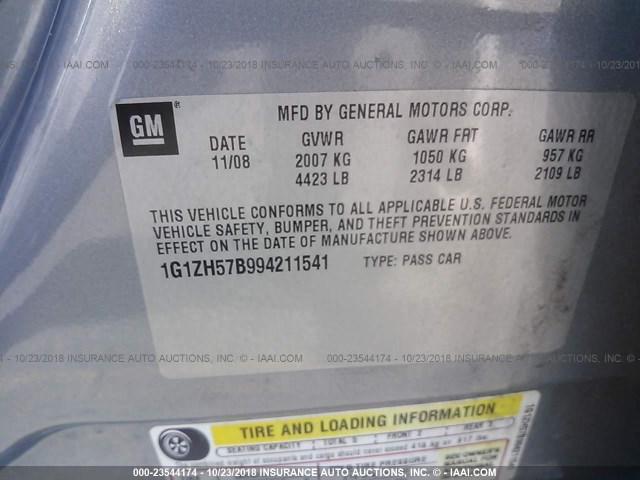 1G1ZH57B994211541 - 2009 CHEVROLET MALIBU 1LT BLUE photo 9