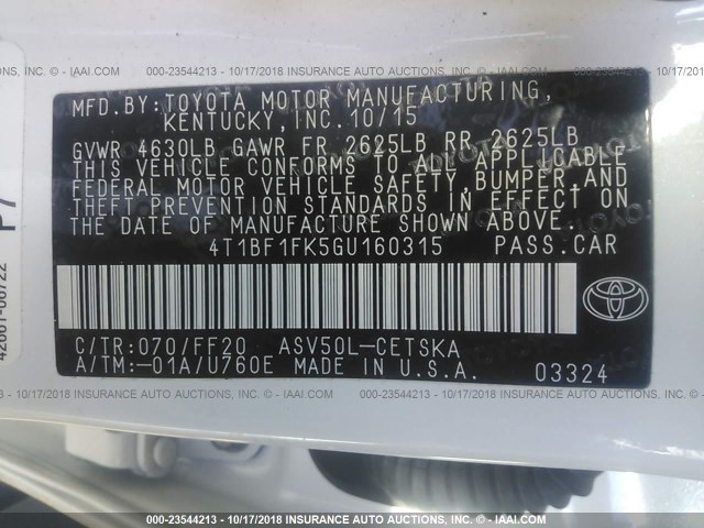 4T1BF1FK5GU160315 - 2016 TOYOTA CAMRY LE/XLE/SE/XSE WHITE photo 9