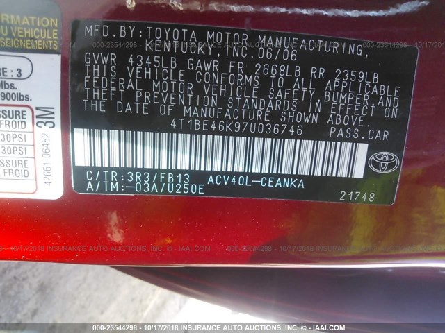 4T1BE46K97U036746 - 2007 TOYOTA CAMRY NEW GENERATION CE/LE/XLE/SE RED photo 9