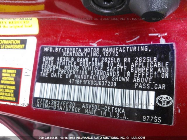 4T1BF1FK0CU637209 - 2012 TOYOTA CAMRY SE/LE/XLE წითელი ფოტო 9