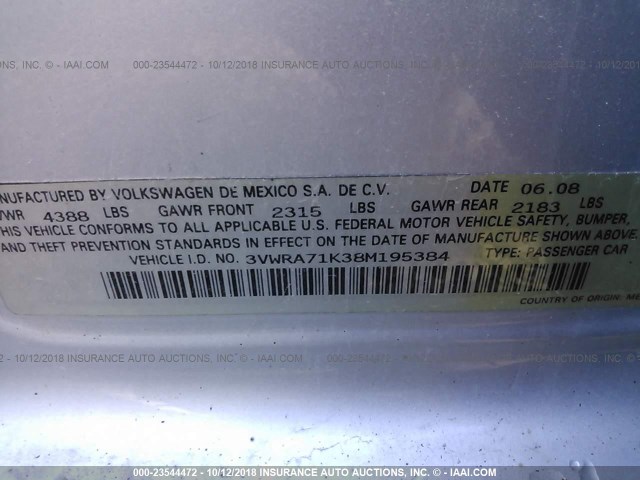 3VWRA71K38M195384 - 2008 VOLKSWAGEN JETTA WOLFSBURG 银色 照片 9