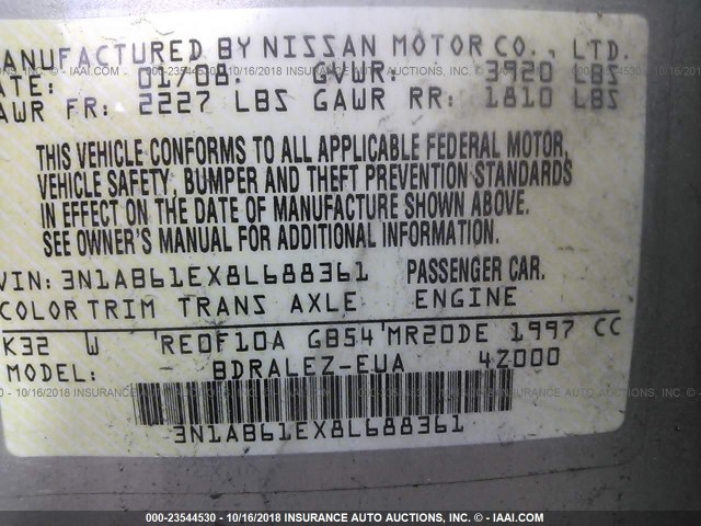 3N1AB61EX8L688361 - 2008 NISSAN SENTRA 2.0/2.0S/2.0SL SILVER photo 9