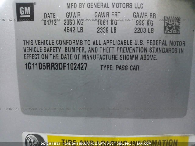 1G11D5RR3DF102427 - 2013 CHEVROLET MALIBU 1LT SILVER photo 9