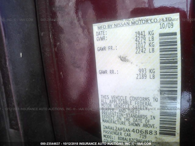 1N4AL2AP1AN406883 - 2010 NISSAN ALTIMA S BURGUNDY photo 9