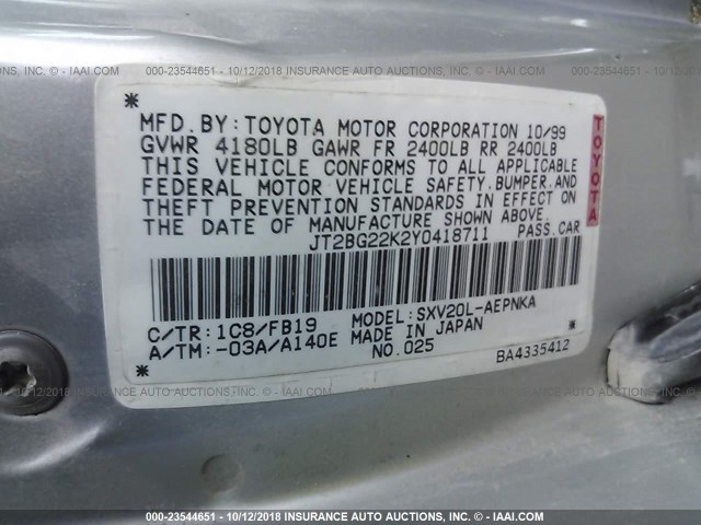 JT2BG22K2Y0418711 - 2000 TOYOTA CAMRY CE/LE/XLE 银色 照片 9