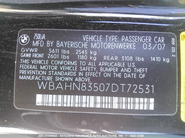 WBAHN83507DT72531 - 2007 BMW 750 BLACK photo 9