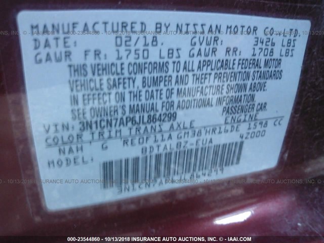 3N1CN7AP6JL864299 - 2018 NISSAN VERSA S/S PLUS/SV/SL RED photo 9