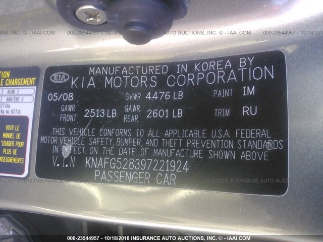 KNAFG528397221924 - 2009 KIA RONDO LX/EX GRAY photo 9