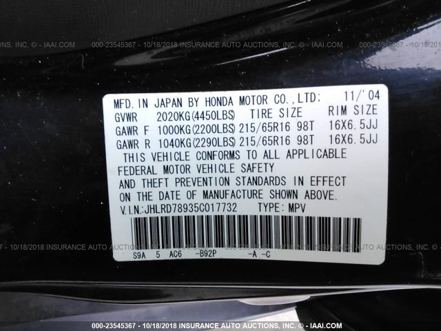 JHLRD78935C017732 - 2005 HONDA CR-V SE/EX BLACK photo 9