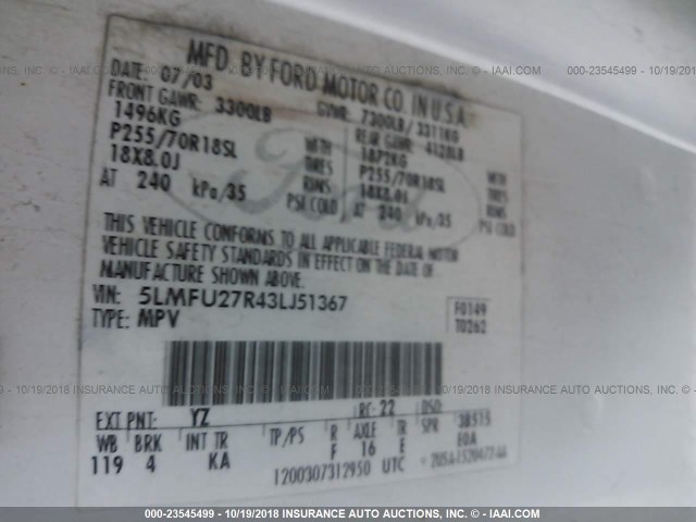 5LMFU27R43LJ51367 - 2003 LINCOLN NAVIGATOR Biały zdjęcie 9