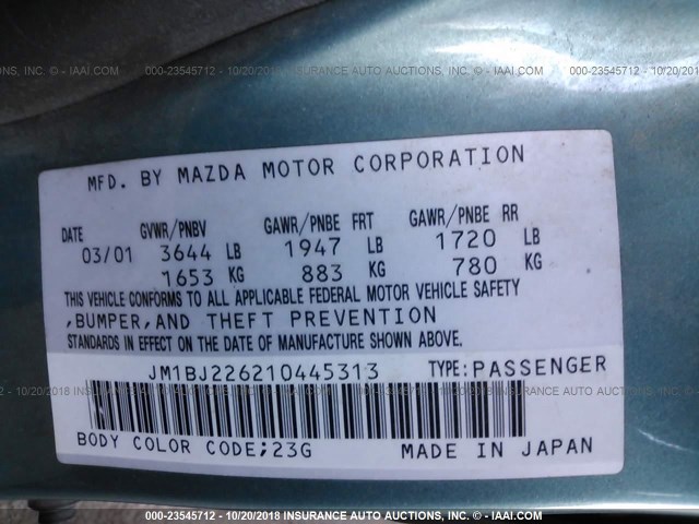 JM1BJ226210445313 - 2001 MAZDA PROTEGE LX/ES მწვანე ფოტო 9