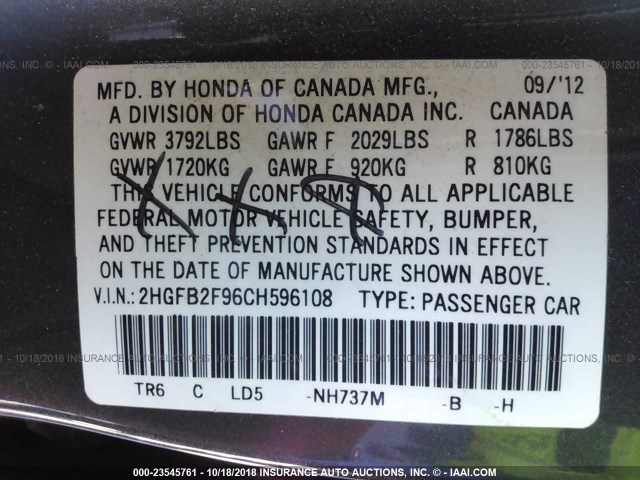 2HGFB2F96CH596108 - 2012 HONDA CIVIC EXL GRAY photo 9