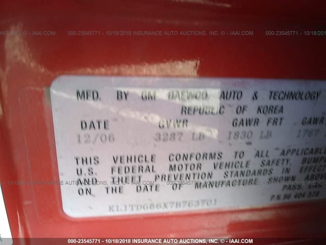 KL1TD666X7B763701 - 2007 CHEVROLET AVEO LS RED photo 9