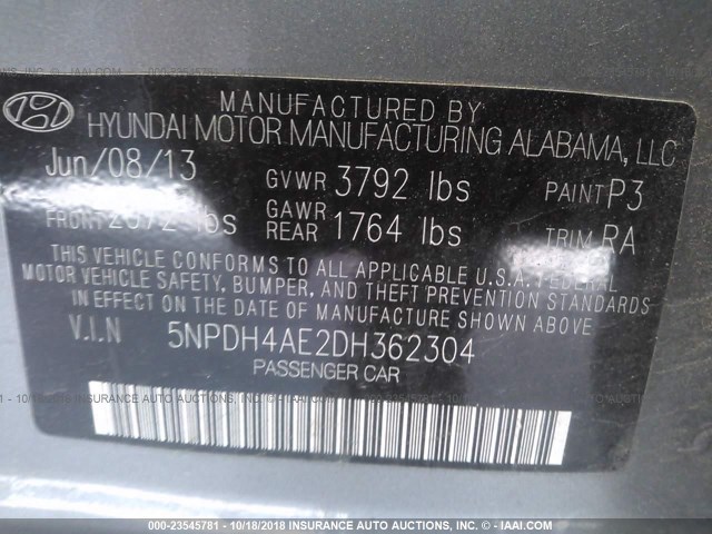 5NPDH4AE2DH362304 - 2013 HYUNDAI ELANTRA GLS/LIMITED GRAY photo 9