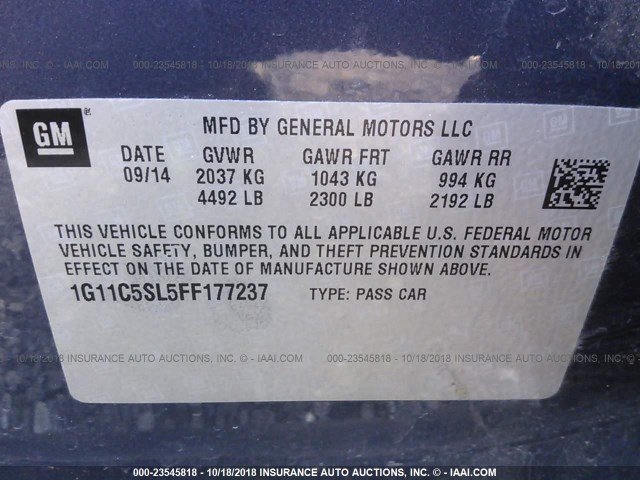 1G11C5SL5FF177237 - 2015 CHEVROLET MALIBU 1LT GRAY photo 9