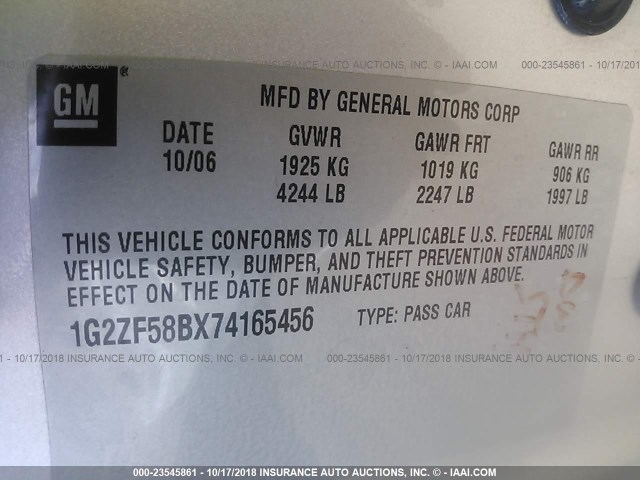 1G2ZF58BX74165456 - 2007 PONTIAC G6 VALUE LEADER/BASE SILVER photo 9