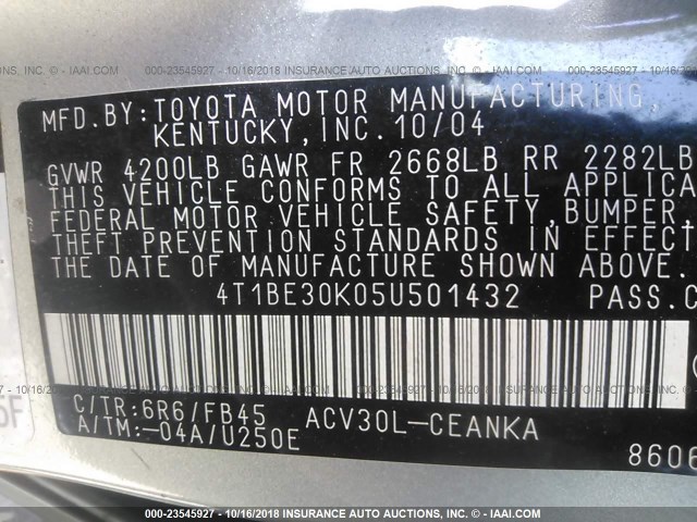 4T1BE30K05U501432 - 2005 TOYOTA CAMRY LE/XLE/SE SILVER photo 9