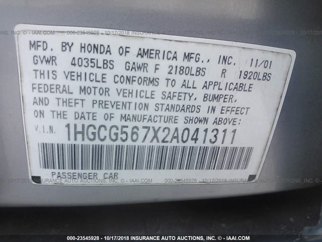 1HGCG567X2A041311 - 2002 HONDA ACCORD SE SILVER photo 9