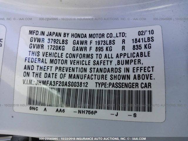 JHMFA3F20AS003812 - 2010 HONDA CIVIC HYBRID WHITE photo 9