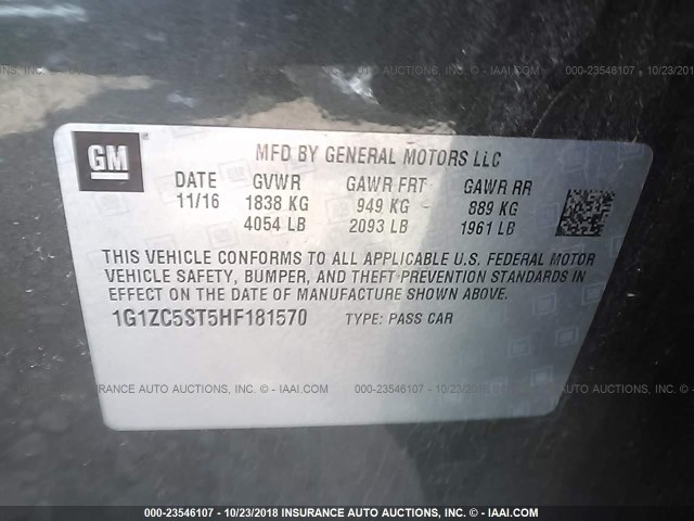 1G1ZC5ST5HF181570 - 2017 CHEVROLET MALIBU LS 灰色 照片 9