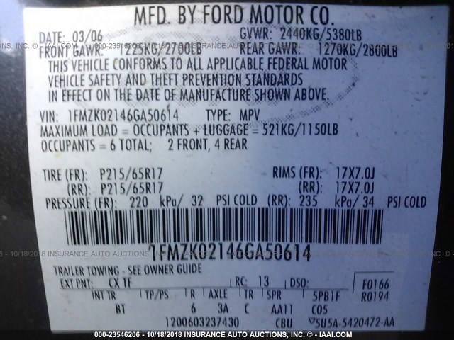 1FMZK02146GA50614 - 2006 FORD FREESTYLE SEL GRAY photo 9