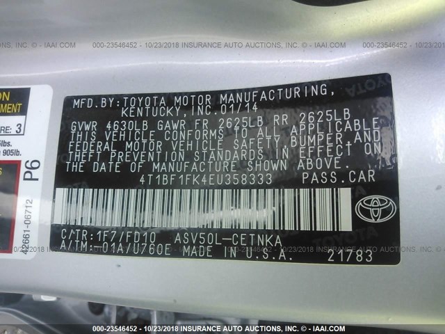 4T1BF1FK4EU358333 - 2014 TOYOTA CAMRY L/SE/LE/XLE 银色 照片 9