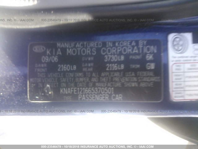 KNAFE121665370501 - 2006 KIA NEW SPECTRA LX/EX BLUE photo 9