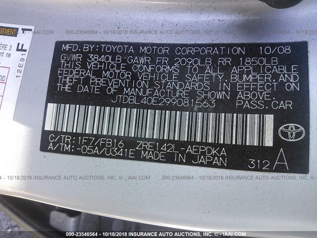 JTDBL40E299081563 - 2009 TOYOTA COROLLA LE/XLE SILVER photo 9
