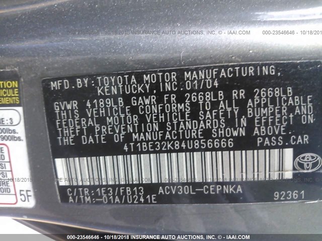 4T1BE32K84U856666 - 2004 TOYOTA CAMRY LE/XLE/SE 灰色 照片 9