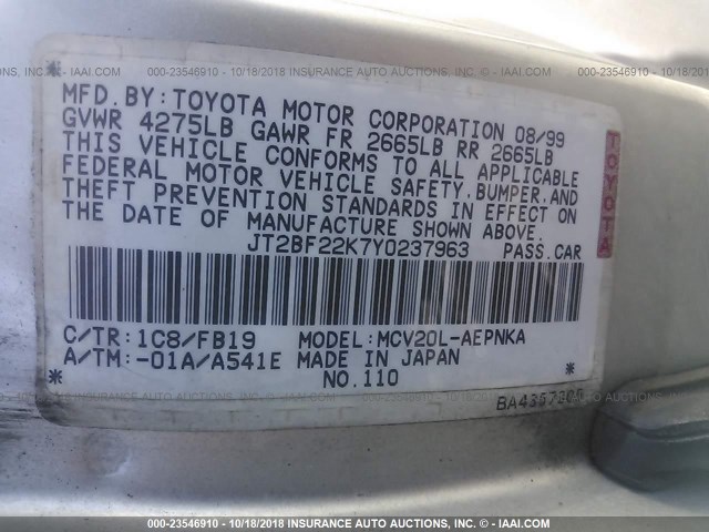 JT2BF22K7Y0237963 - 2000 TOYOTA CAMRY CE/LE/XLE 银色 照片 9