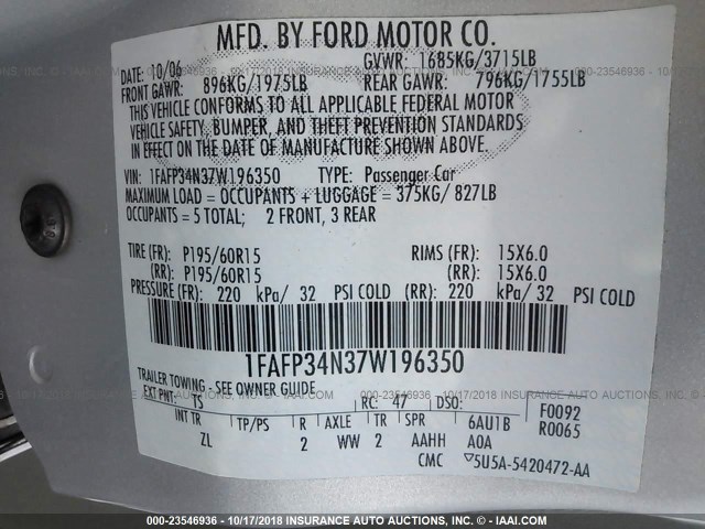 1FAFP34N37W196350 - 2007 FORD FOCUS ZX4/S/SE/SES SILVER photo 9