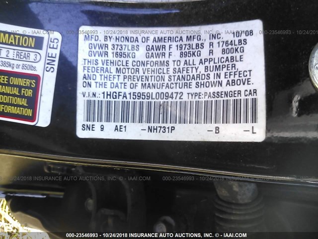 1HGFA15959L009472 - 2009 HONDA CIVIC EXL 黑色 照片 9