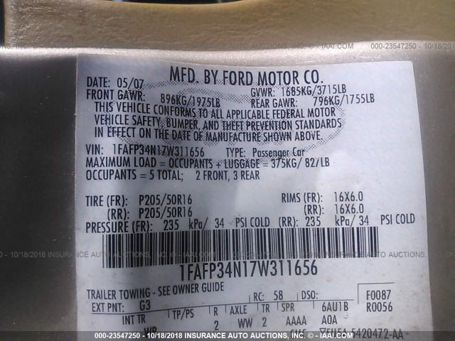 1FAFP34N17W311656 - 2007 FORD FOCUS ZX4/S/SE/SES GOLD photo 9
